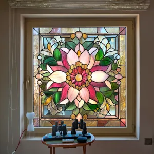 Detailed view of colorful stained glass window film featuring a vibrant floral mandala design.