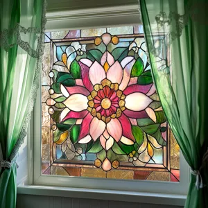 Vibrant stained glass window film, PVC static cling floral glass sticker for home decor.