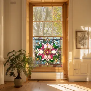 Decorative stained glass window film, floral PVC static cling sticker for home glass decor.
