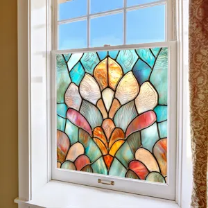 Stained glass window film detail showing vibrant colored patterns and natural light effect.