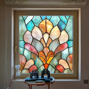 Detailed view of colorful static cling window film featuring elegant stained glass floral design.