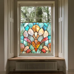 Decorative stained glass window film detail, colorful PVC static cling sticker for home decor.