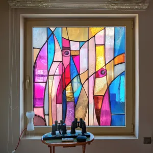 Color PVC static window film, geometric stained glass window sticker for home decor.