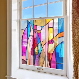 Colorful static cling window film, abstract stained glass design for home decor privacy.