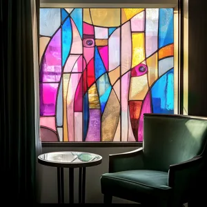 Colorful PVC static glass window film, abstract art design, removable home decor sticker.