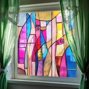 Colorful stained glass window film, static cling PVC sticker for home decor detail view.