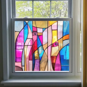 Colorful stained glass window film, decorative static cling privacy film for home glass decor.