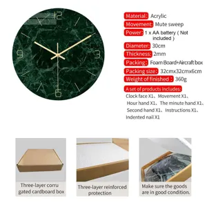 Green marble acrylic wall clock 30cm silent sweep movement modern home decor detail view