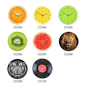 Acrylic fruit and animal wall clock detail view showing various cute decorative clock designs.