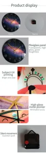 Detail view showing the plexiglass panel, UV printing, and silent movement of the wall clock.