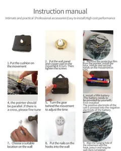 Detailed instruction guide showing step-by-step assembly for DIY quartz wall clock movement.