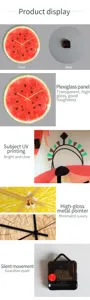 Detail view of creative fruit pattern acrylic wall clock featuring silent movement.