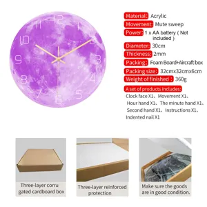Dettaglio dell'orologio da parete luna viola in acrilico con movimento silenzioso e diametro 30 cm.