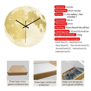 Luminous moon wall clock acrylic 30cm silent sweep movement modern home decor wall watch