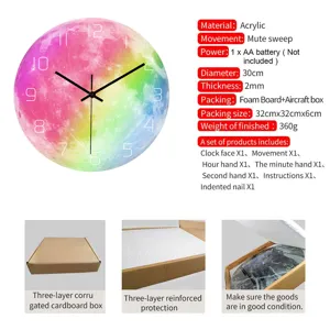 Acrylic luminous moon wall clock 30cm silent sweep movement modern home decor detail