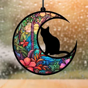 Buntglas Stil Mondsichel schwarze Katze Hängeschild, Indoor Zuhause Schlafzimmer Wohnzimmer Dekor.