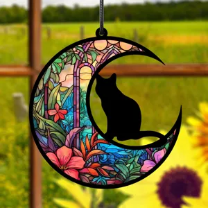 Mondsichel Katze Buntglas Hängeschild Acryl Fenster Deko für Zuhause und Wohnzimmer