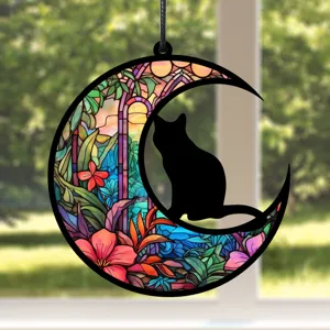 Wunderschöne Buntglas Optik schwarze Katze auf dem Sichelmond hängende Dekoration