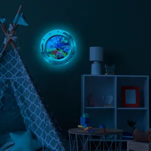 Glow in the dark underwater porthole wall sticker, coral reef detail shot for kids room decor.