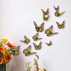 Gele 3D vlinder muurstickers set van 12, perfect voor thuisdecoratie en feestjes.