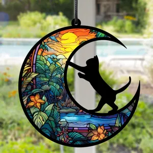 Dekorative Buntglas Stil Mond Katze Hängeplakette, Innendekoration Ornament Detailansicht