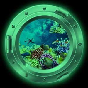 Luminous porthole wall sticker featuring marine coral reef and fish, glow in dark home decor.
