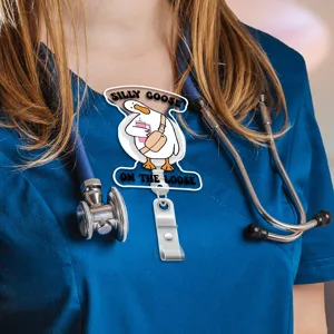 Cute silly goose badge reel ID card holder for nurses and doctors, retractable clip.