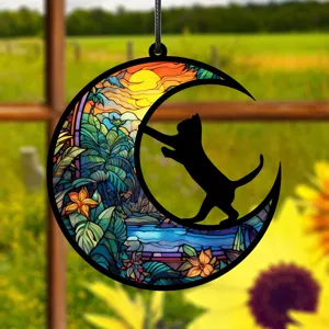 Buntglas Mond Katze Hängeornament Detailansicht, farbiger Heimdekor Acryl Schild Anhänger.
