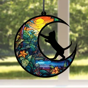 Buntglas Katze Mond Hängeornament Detailaufnahme, farbige Fensterplatte Heimdeko Deko.