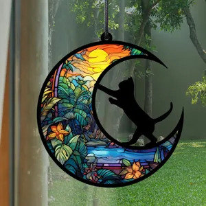 Buntglas Stil Katze auf Mondsichel Hängeornament für schöne Innendekoration Detail.