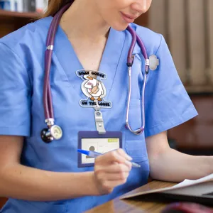 Detailed view of cute silly goose badge reel and ID card holder for nurses and doctors.