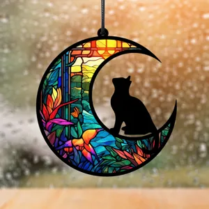 Buntglas Sichelmond Katze Hängeornament, UV gedruckte Heimdeko für Schlafzimmer und Wohnzimmer