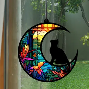 Buntglas schwarze Katze und Halbmond Hängeornament für Heimfenster Innendekoration