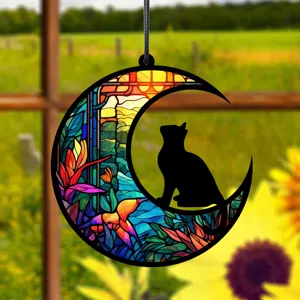 Buntglas Mond schwarze Katze Hänge-Deko Fenster-Ornament Heim Schlafzimmer Zimmer Dekor