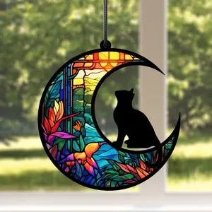 Buntglas Stil Mondsichel schwarze Katze Hängeschild, farbiger Blumen UV Druck Heimdekoration.