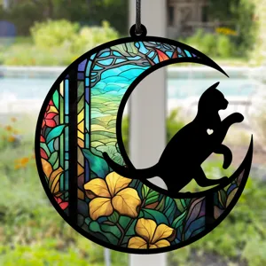 Buntglas Stil Mond Katze Hänge Schild Detail, wunderschöne Wanddeko für den Innenbereich.