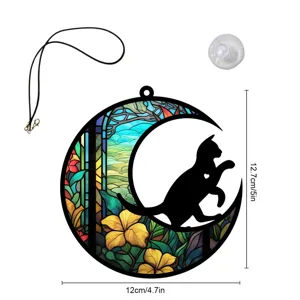 Buntglas Mond schwarze Katze Hängende Dekoration mit Saugnapf, Fenster Deko Zuhause.