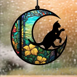Buntglas Stil Halbmond schwarze Katze Hängeschild Innen Heim Schlafzimmer Wanddeko Artikel