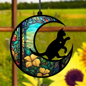 Buntglas Mond Katze Hängeschild, Acryl Fensterdeko Sonnenfänger für Wohnzimmer und Wand.