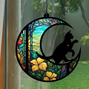 Buntglas Mond schwarze Katze Hängeschild Wandbehang Fenster Deko Ornament Neu
