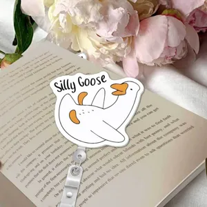 Cute silly goose badge holder with retractable reel, funny cartoon ID card sleeve for work.