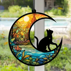 Buntglas Stil Mondsichel Katze Hängeornament für Zuhause Schlafzimmer Wohnzimmer Deko
