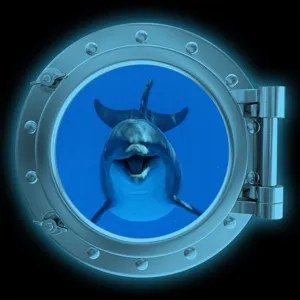 Close-up detail of glowing porthole wall sticker featuring a cheerful dolphin design.