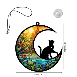 Mond Katze Buntglas Stil Hängeornament mit Saugnapf und Kordel für Heim Schlafzimmer Dekor.