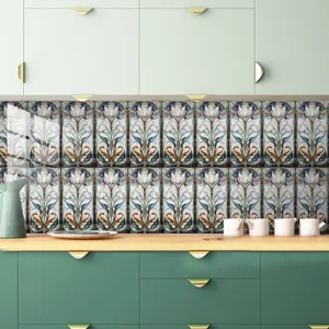 Dettaglio adesivo piastrelle tulipano art nouveau, decorazione murale floreale per cucina bagno.