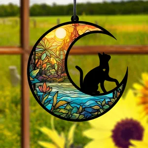 Mondsichel Katze Hänge-Deko Buntglas UV-Druck Heimdekoration Wand Fenster Deko