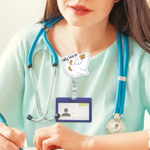 Cute silly goose badge reel with ID card holder, retractable nurse badge clip for medical staff.