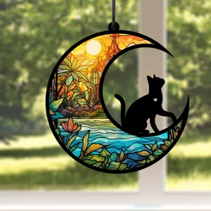 Buntglas-Stil Mond und schwarze Katze Hängeornament, UV-gedruckte Fenster-Dekoration.