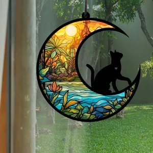 Buntglas Optik Katze auf Mond Hängeornament, dekorativer Fenster Anhänger für Zimmer Innen.