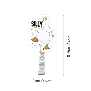Cute silly goose badge reel detail showing dimensions, ideal for ID cards and work passes.
